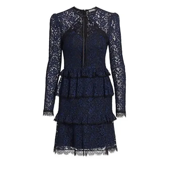 ML Monique Lhuillier Black & Blue Tie-Neck Lace Long Sleeve Ruffled Dress